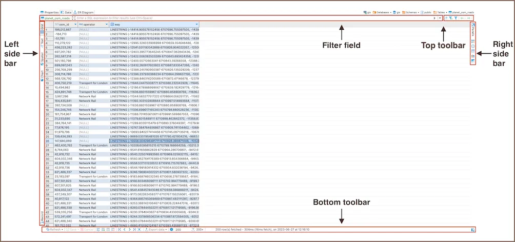Data Editor mostrando datos en formato de grilla con sus toolbars