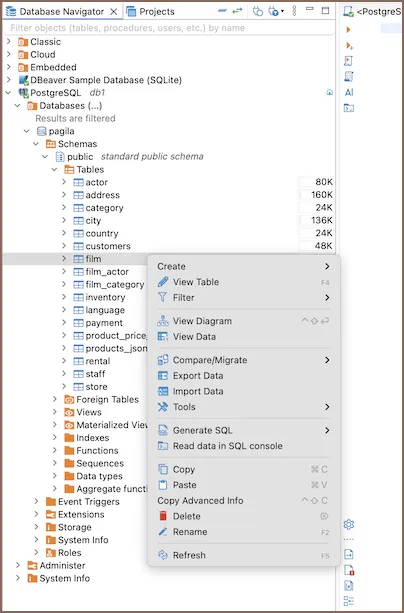 Menu contextual del Database Navigator con opciones de creacion y edicion