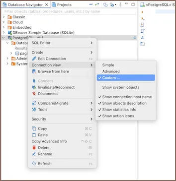 Opciones de vista Simple y Advanced en el menu contextual
